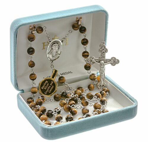 Round Genuine Tiger Eye Rosary Sterling Crucifix and Centerpiece