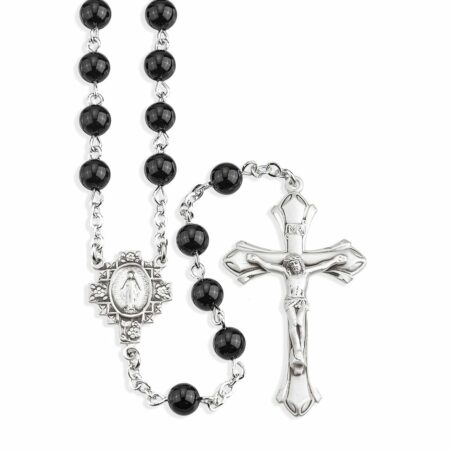 Round Genuine Onyx Rosary Sterling Crucifix and Centerpiece