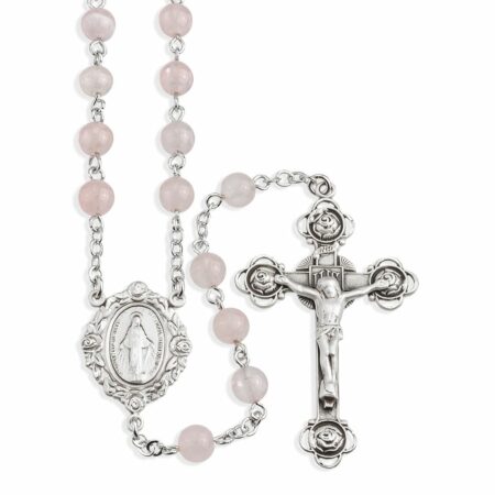 Round Genuine Rose Quartz Rosary Sterling Crucifix and Centerpiece