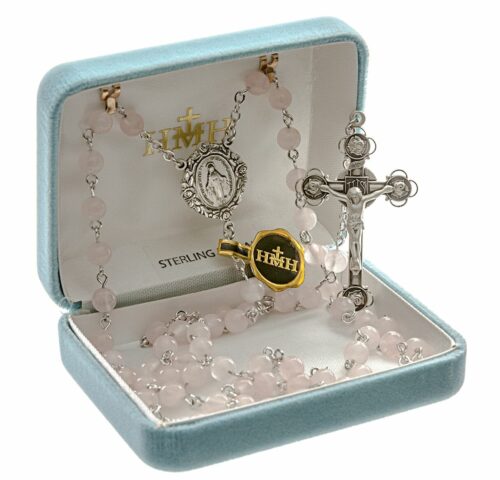 Round Genuine Rose Quartz Rosary Sterling Crucifix and Centerpiece - Image 2