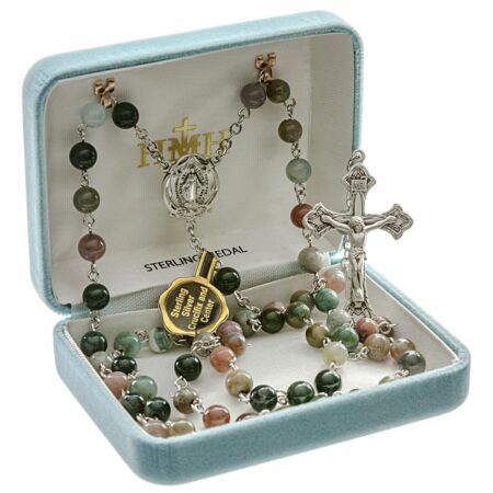 Round Genuine India Agate Rosary Sterling Crucifix and Centerpiece