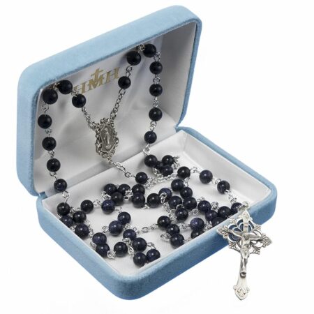 Round Genuine Blue Gold Sand Rosary Sterling Crucifix and Centerpiece