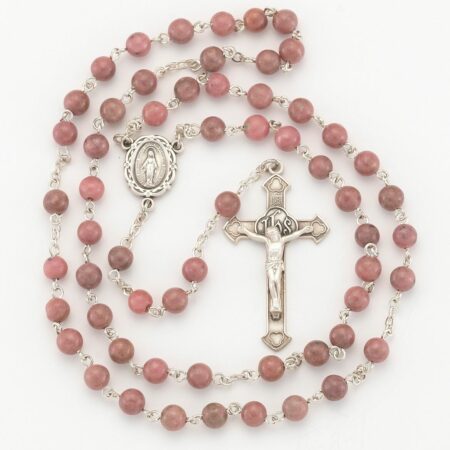 Round Genuine Rhodonite Rosary Sterling Crucifix and Centerpiece