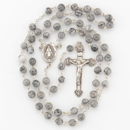Round Genuine Lime Line Stone Rosary Sterling Crucifix and Centerpiece