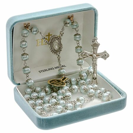 Light Blue Imitation Pearl Double Capped Rosary Sterling Crucifix and Centerpiece