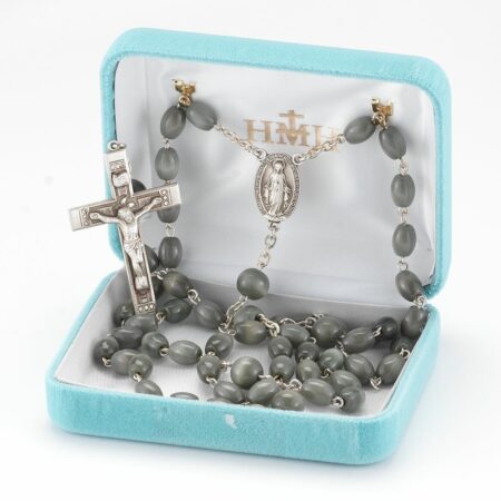 Oval Grey Ceramic Bead Rosary Sterling Crucifix and Centerpiece