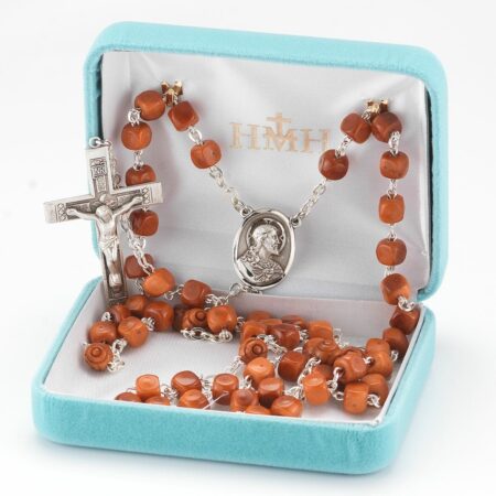Brown Square Genuine Cocoa Bead Rosary Sterling Crucifix and Centerpiece