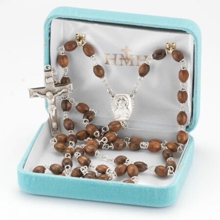 Polished Walnut Rosary Sterling Crucifix and Centerpiece