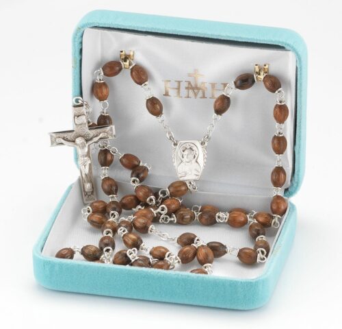 Polished Walnut Rosary Sterling Crucifix and Centerpiece