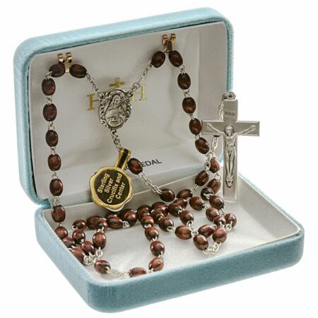 Maroon Oval Boxwood Rosary Sterling Crucifix and Centerpiece