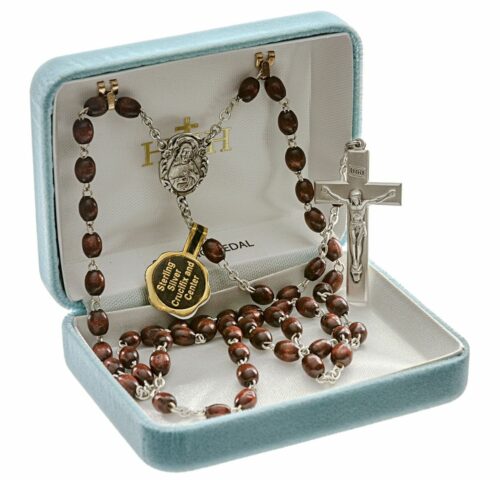Maroon Oval Boxwood Rosary Sterling Crucifix and Centerpiece