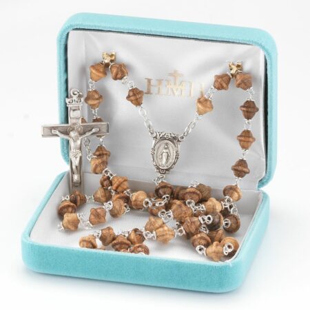 Solid Walnut Bicone Bead Rosary Sterling Crucifix and Centerpiece