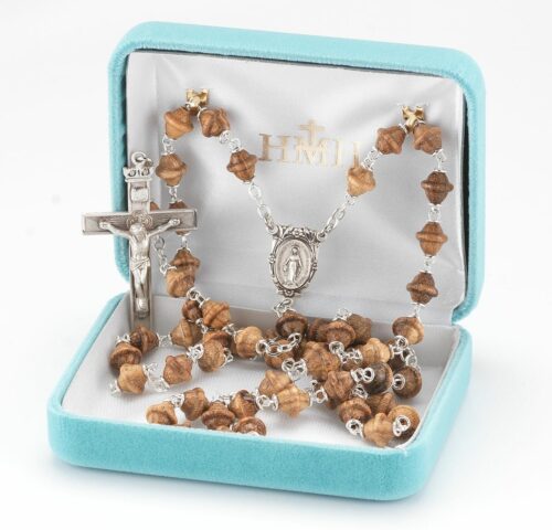 Solid Walnut Bicone Bead Rosary Sterling Crucifix and Centerpiece