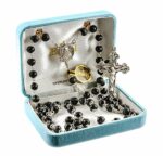 Black Carved Cocoa Bead Rosary Sterling Crucifix and Centerpiece
