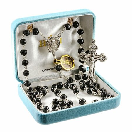 Black Carved Cocoa Bead Rosary Sterling Crucifix and Centerpiece
