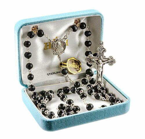 Black Carved Cocoa Bead Rosary Sterling Crucifix and Centerpiece