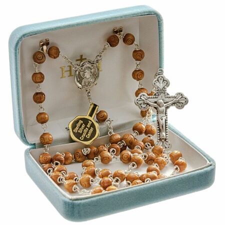 Brown Carved Cocoa Bead Rosary Sterling Crucifix and Centerpiece