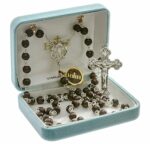 Maroon Carved Cocoa Bead Rosary Sterling Crucifix and Centerpiece