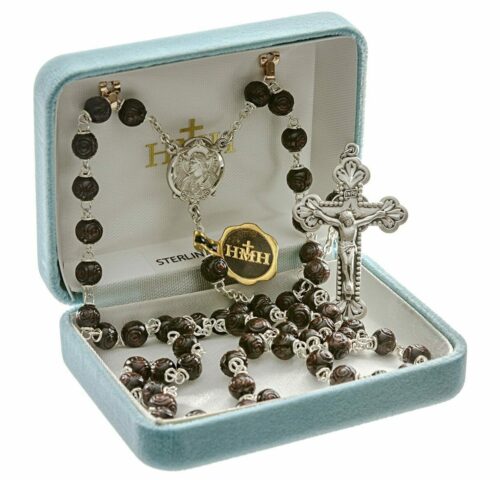 Maroon Carved Cocoa Bead Rosary Sterling Crucifix and Centerpiece