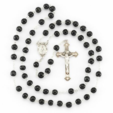 Black Round Boxwood Rosary Sterling Crucifix and Centerpiece