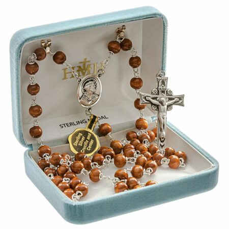 Brown Round Boxwood Rosary Sterling Crucifix and Centerpiece