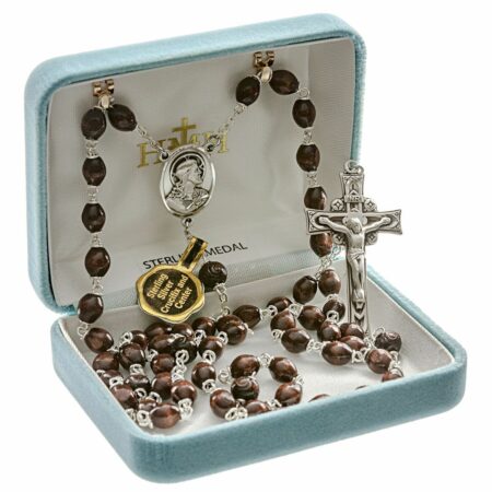 Maroon Round Boxwood Rosary Sterling Crucifix and Centerpiece