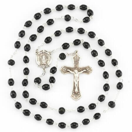 Black Oval Boxwood Rosary Sterling Crucifix and Centerpiece