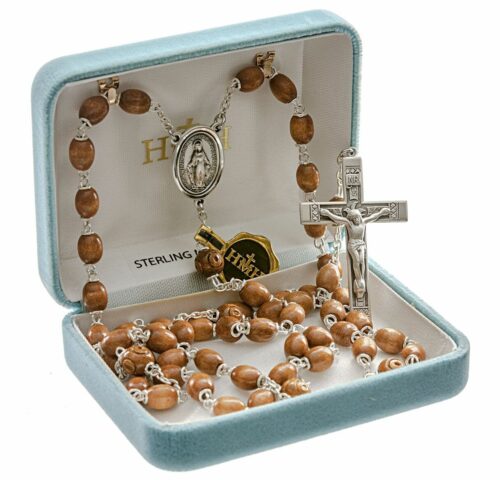 Brown Oval Boxwood Rosary Sterling Crucifix and Centerpiece