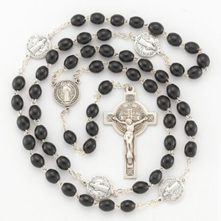 Saint Benedict Black Polished Boxwood Jubilee Rosary Sterling Crucifix and Centerpiece