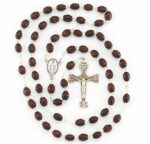 Maroon Oval Carved Beehive Boxwood Rosary Sterling Crucifix and Centerpiece