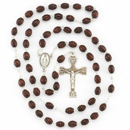Maroon Oval Carved Beehive Boxwood Rosary Sterling Crucifix and Centerpiece