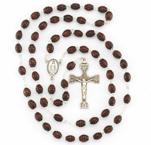 Maroon Oval Carved Beehive Boxwood Rosary Sterling Crucifix and Centerpiece