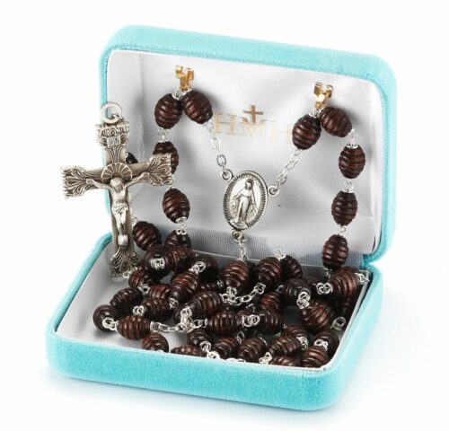 Maroon Oval Carved Beehive Boxwood Rosary Sterling Crucifix and Centerpiece - Image 2