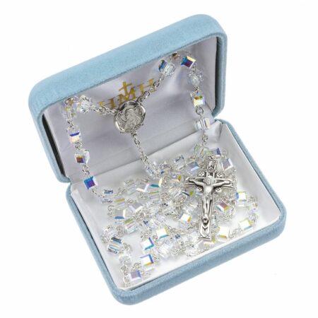 Rosary Sterling Crucifix and Centerpiece Created with Swarovski Crystal 6mm Semi-Flat Aurora Borealis Beads by HMH