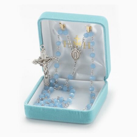 Rosary Sterling Crucifix and Centerpiece Created with Swarovski Crystal 5mm Round Blue Opal Beads by HMH