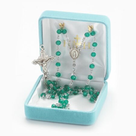 Round Emerald Bead Rosary Sterling Crucifix and Centerpiece