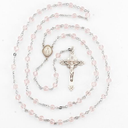 Round Light Rose Bead Rosary Sterling Crucifix and Centerpiece