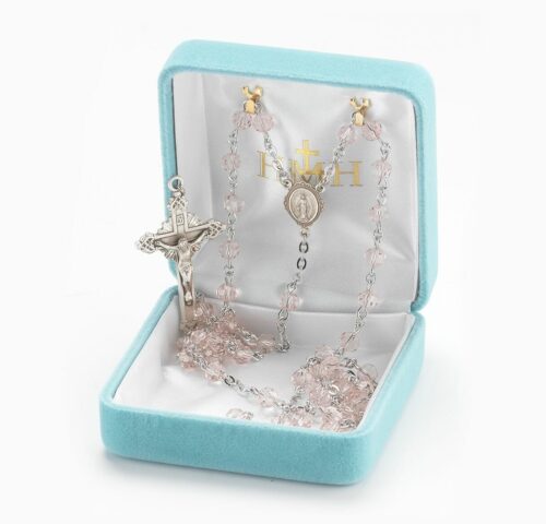 Round Light Rose Bead Rosary Sterling Crucifix and Centerpiece - Image 2