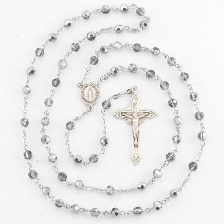 Round Metallic Silver Bead Rosary Sterling Crucifix and Centerpiece