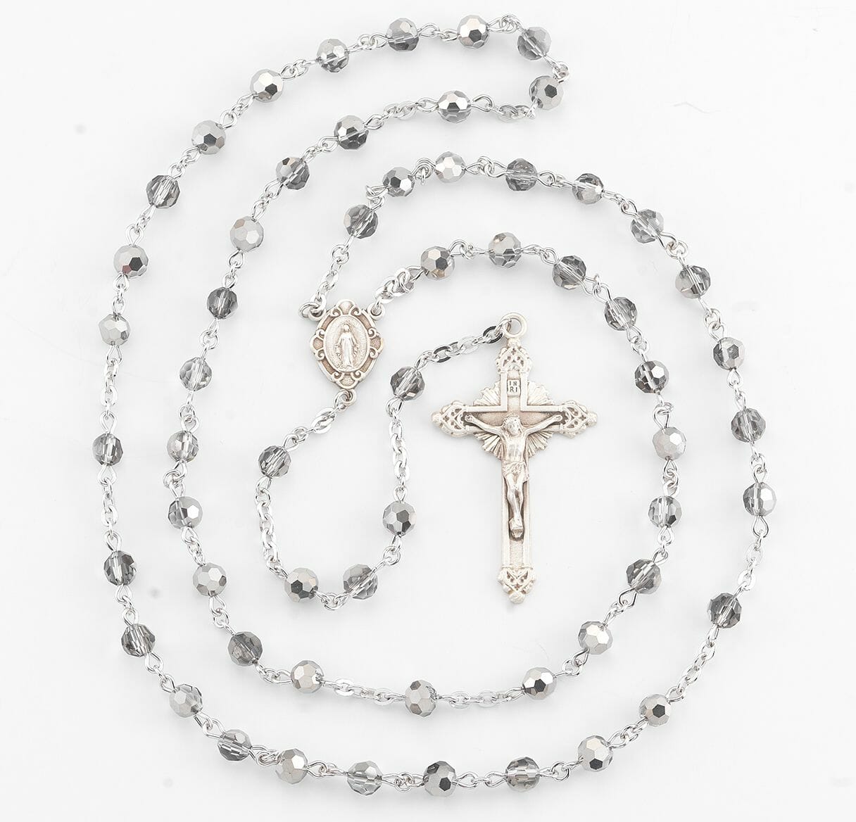 Round Metallic Silver Bead Rosary Sterling Crucifix and Centerpiece ...