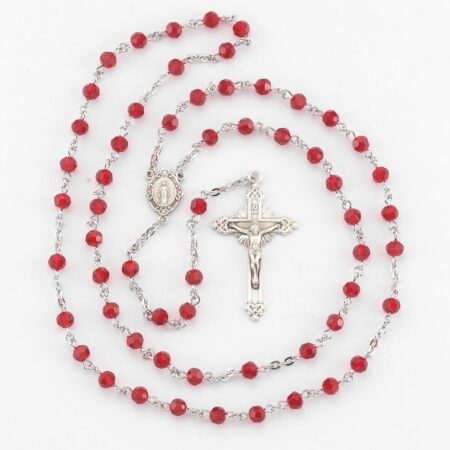 Round Ruby Bead Rosary Sterling Crucifix and Centerpiece