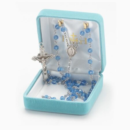 Round Sapphire Bead Rosary Sterling Crucifix and Centerpiece