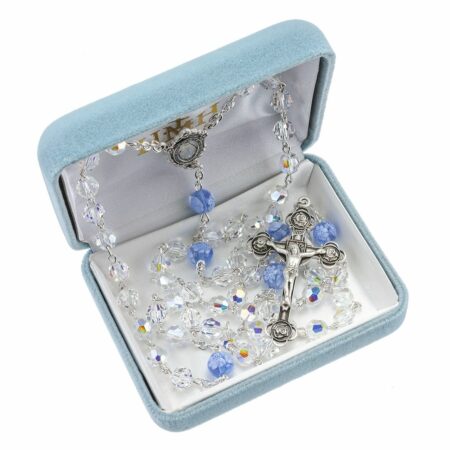 Rosary Sterling Crucifix and Centerpiece Created with Swarovski Crystal 7mm Aurora Borealis and 8mm Glass Round Blue Beads by HMH