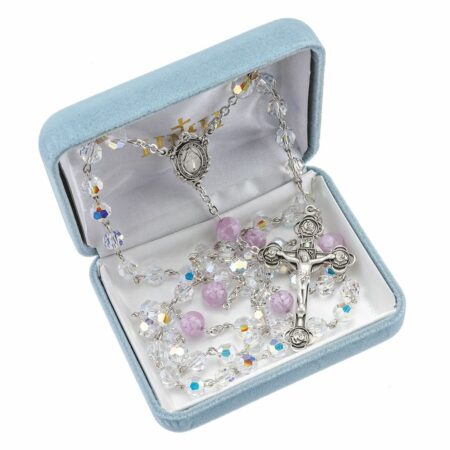 Rosary Sterling Crucifix and Centerpiece Created with Swarovski Crystal 7mm Aurora Borealis and 8mm Glass Round Pink Beads by HMH