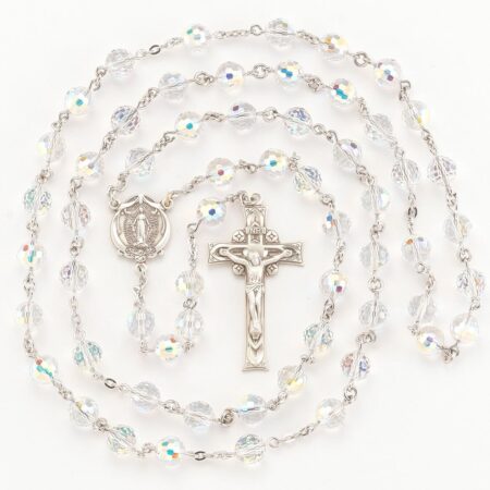 Rosary Sterling Crucifix and Centerpiece Created with Swarovski Crystal 8mm Multi-Faceted Aurora Borealis Beads by HMH