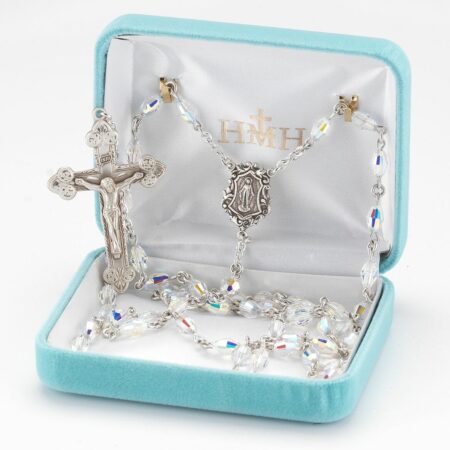Rosary Sterling Crucifix and Centerpiece Created with Swarovski Crystal 6mm x 9mm Multi-Faceted Aurora Borealis Beads by HMH