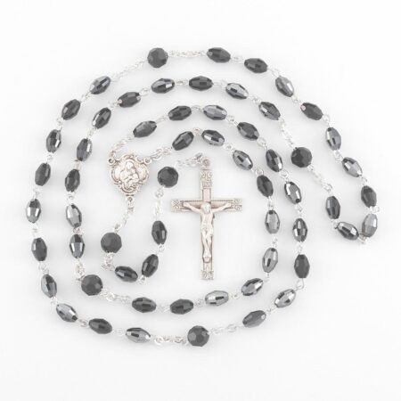 Rosary Sterling Crucifix and Centerpiece Created with Swarovski Crystal 6mm x 9mm Oval Jet Black Beads by HMH