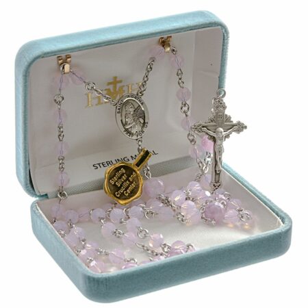 Saint Agatha Rosary Sterling Crucifix and Centerpiece Created with Swarovski Crystal 6mm Pink Opal Beads by HMH