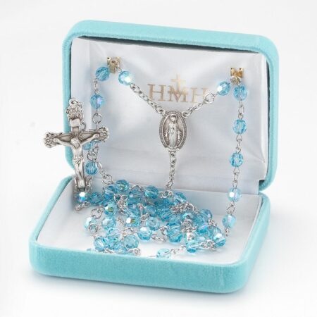 Rosary Sterling Crucifix and Centerpiece Created with Swarovski Crystal 6mm Faceted Round Aqua Beads by HMH