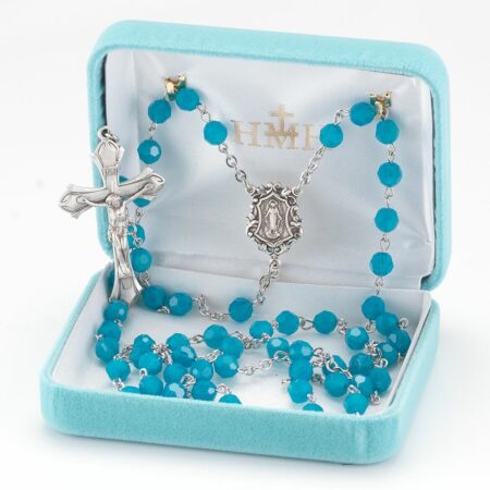 Rosary Sterling Crucifix and Centerpiece Created with Swarovski Crystal 6mm Faceted Round Blue Opal Beads by HMH
